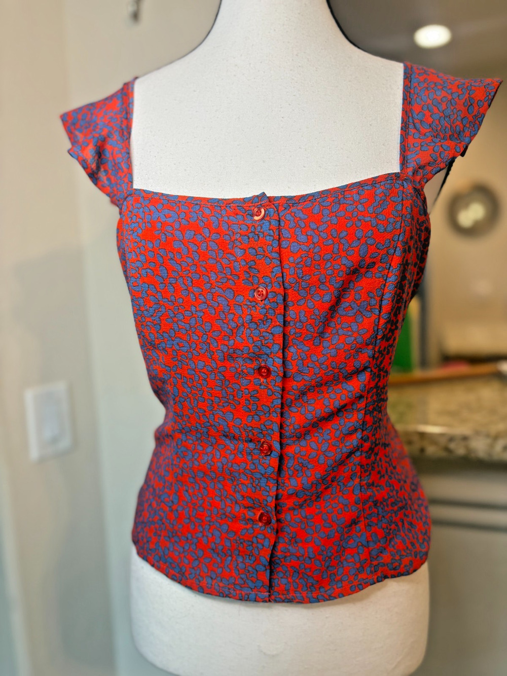 Chelsea & Violet Orange/Blue Polka Dot Blouse Button Down Ruffled Tank Top Sz LG